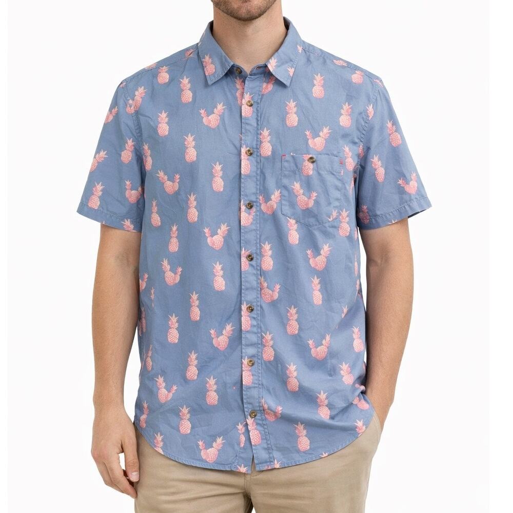 Distortion‎ Mens Pineapple Button Shirt Large Blue Pink Summer Tropical Resort